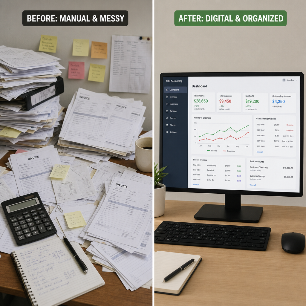 A side-by-side comparison of a messy desk with paper invoices and a clean desk with a digital accounting software on a computer screen