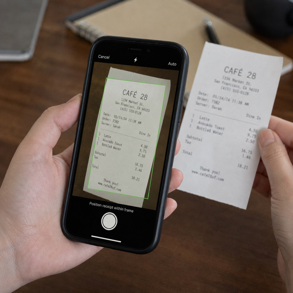A close up of a person using a smartphone to scan a paper receipt for an expense report