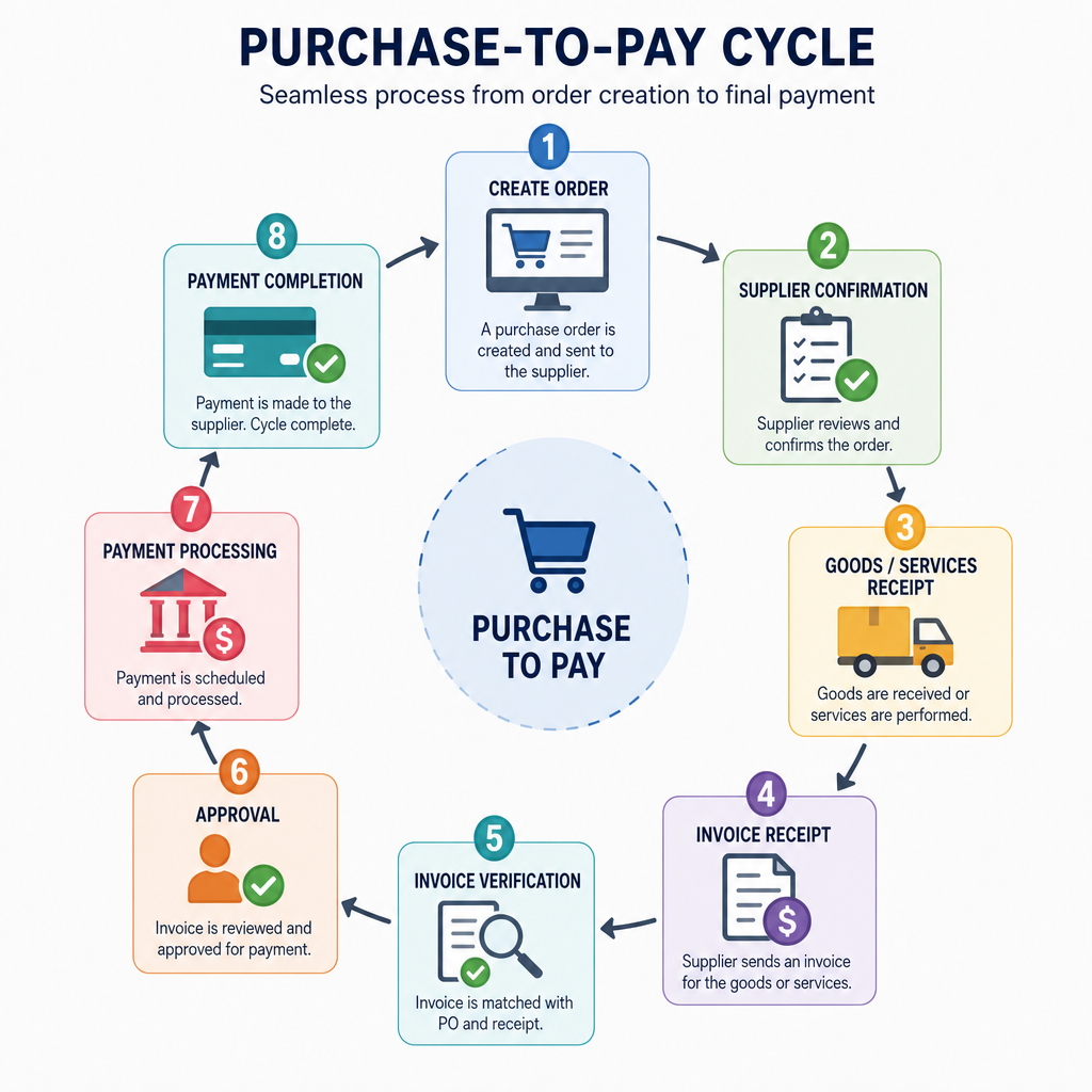 A digital infographic showing the seamless purchase-to-pay cycle from order creation to final payment
