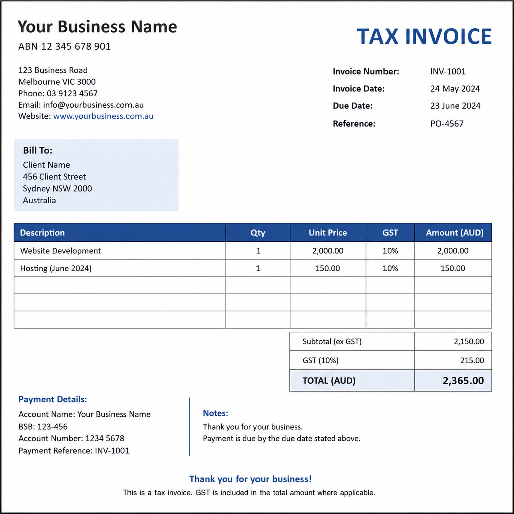 Essential features of an Australian invoice template