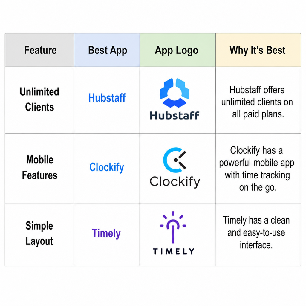 A simple table showing which app is best for 'Unlimited Clients' vs. 'Mobile Features' vs. 'Simple Layout.'