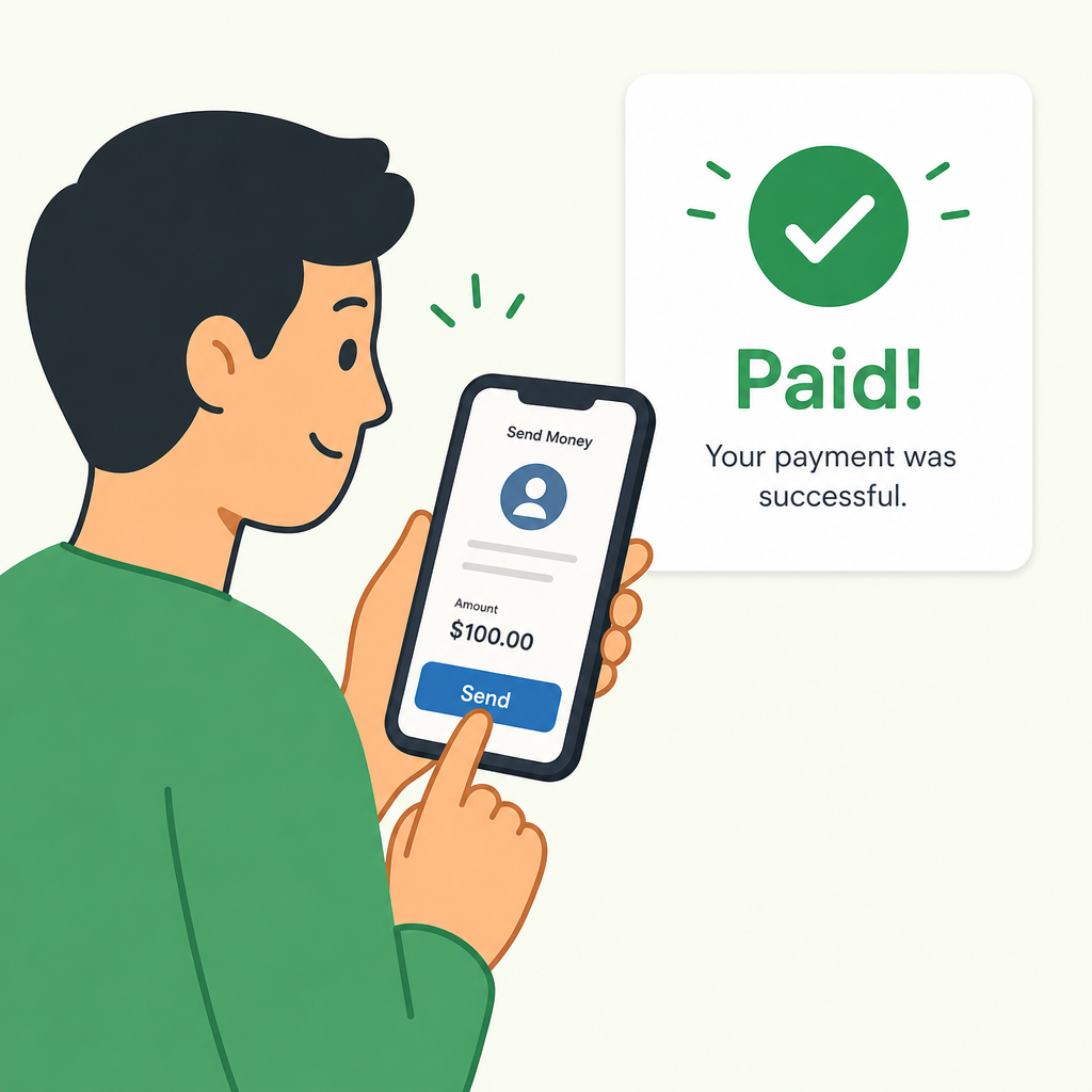 A simplified 'Success' graphic of a person clicking 'Send' on a phone and seeing a 'Paid' notification.