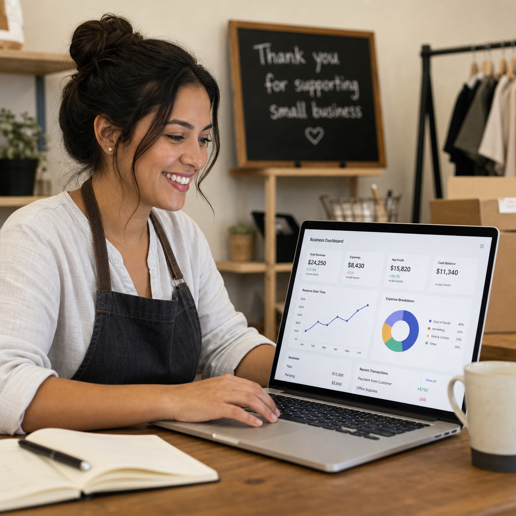 A small business owner smiling while looking at a financial dashboard on a laptop