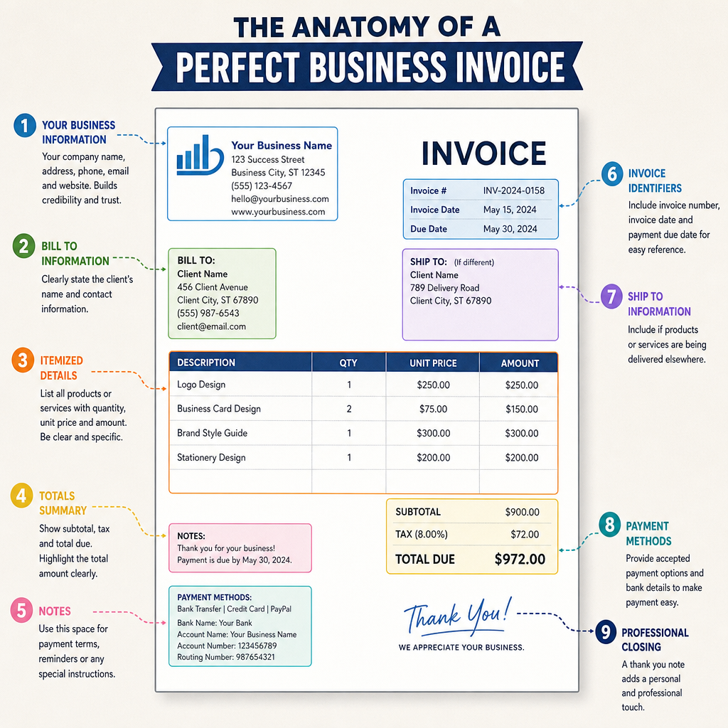 Infographic showing the anatomy of a perfect business invoice