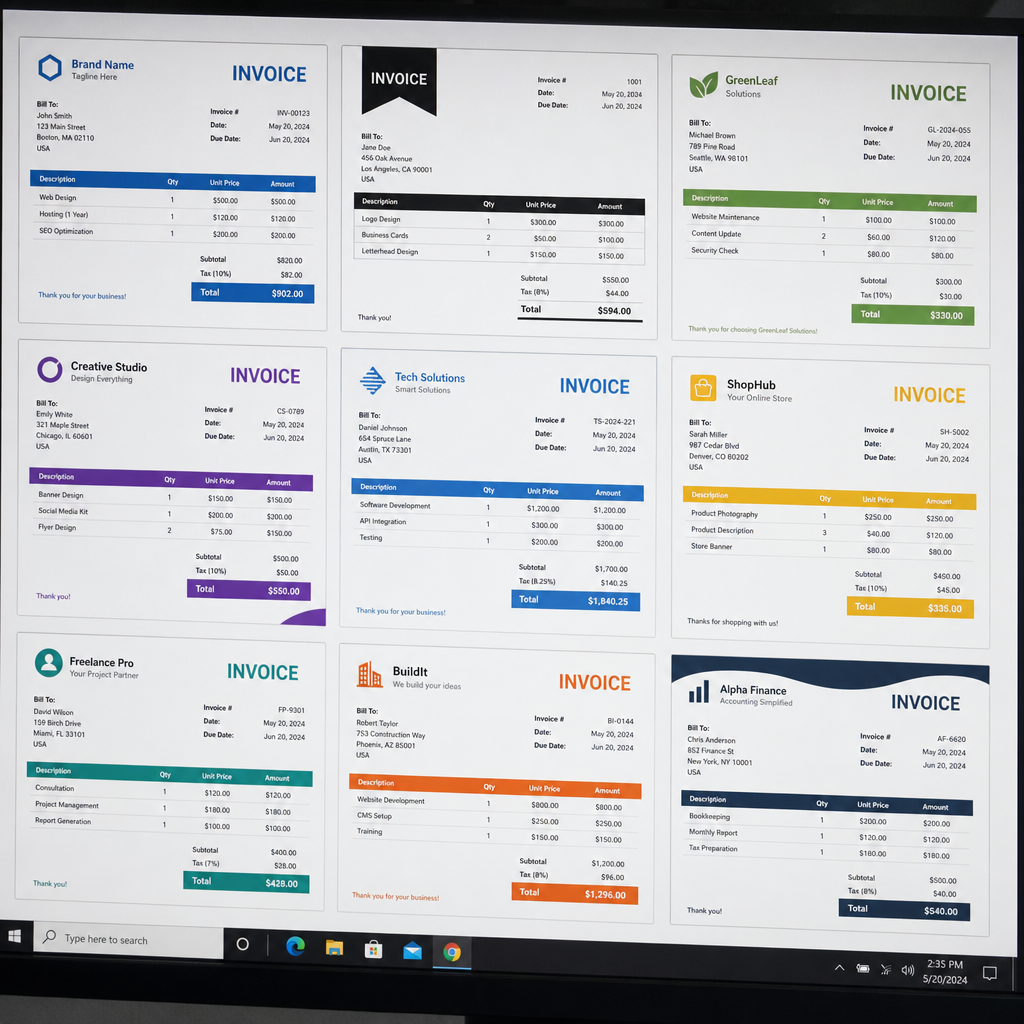 A collage of different digital invoice templates on a computer screen