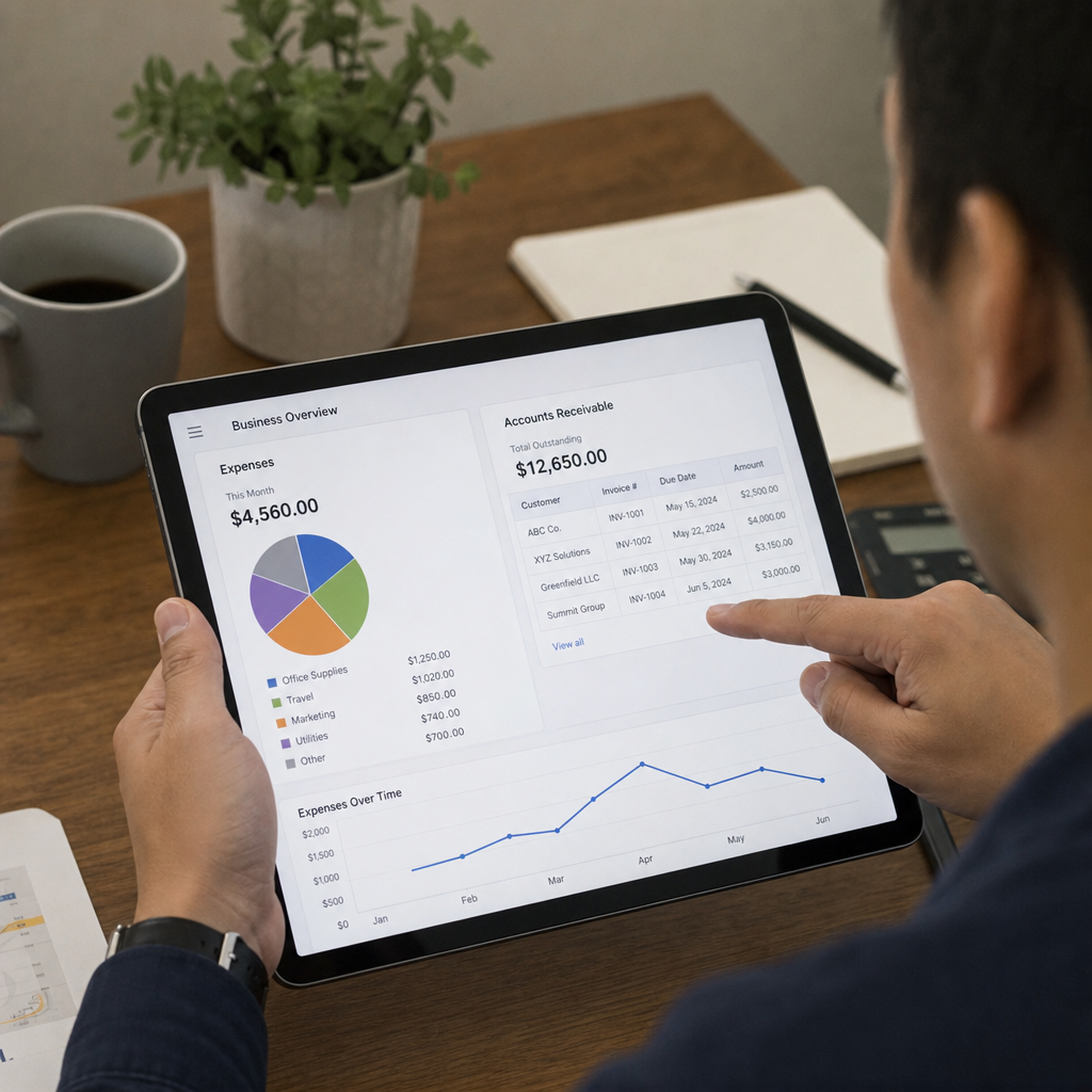 A person tracking business expenses and accounts receivable on a tablet