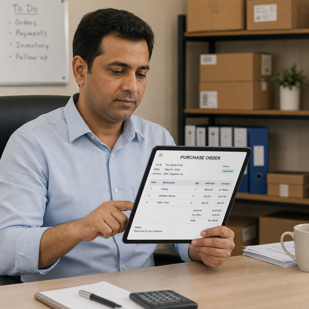 A business owner reviewing a digital purchase order on a tablet