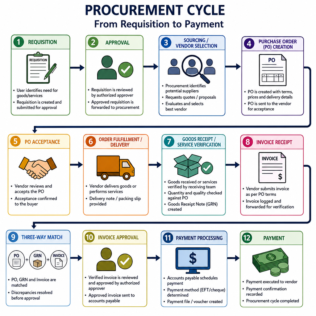 A detailed diagram showing the procurement cycle from requisition to payment