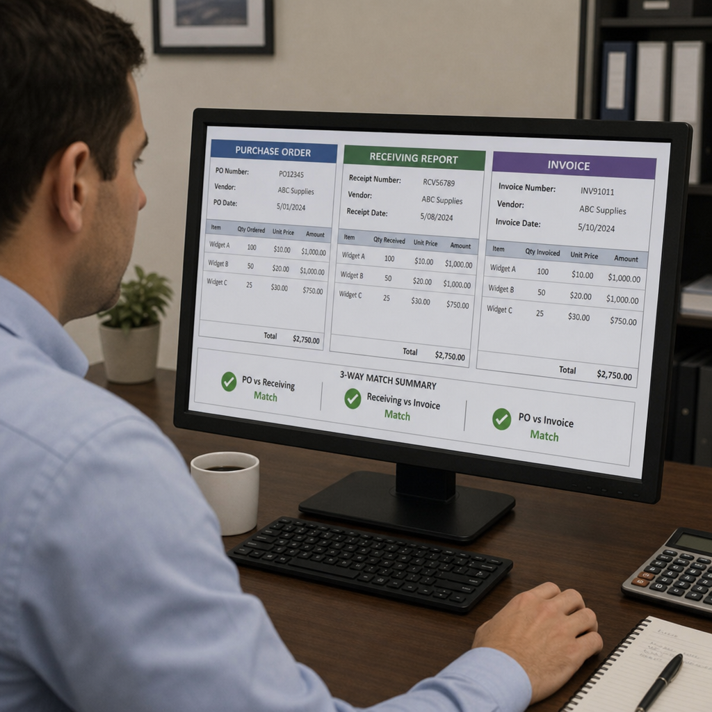 A finance professional comparing a purchase order, receiving report, and invoice on a computer screen