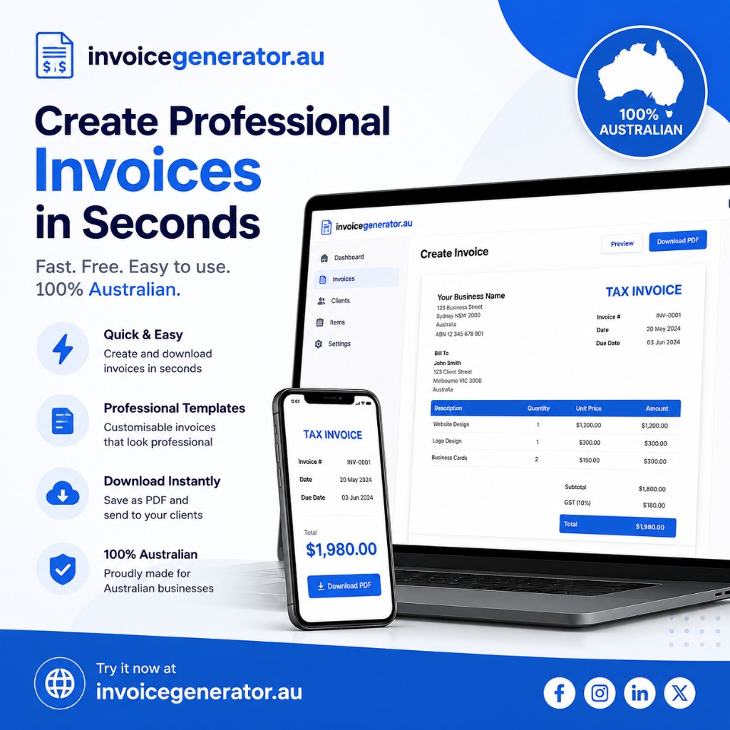 Invoice Generator Australia — create professional GST invoices in seconds on desktop and mobile